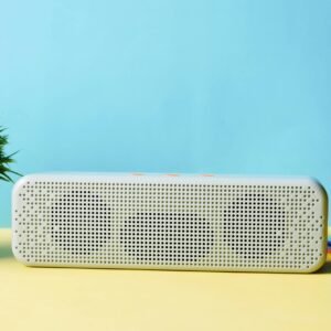 Modern wireless speaker placed elegantly with a potted plant and colorful stationery.
